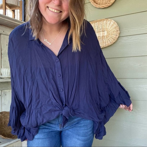 Altar’d State navy blue ruffle poncho top - Picture 2 of 8